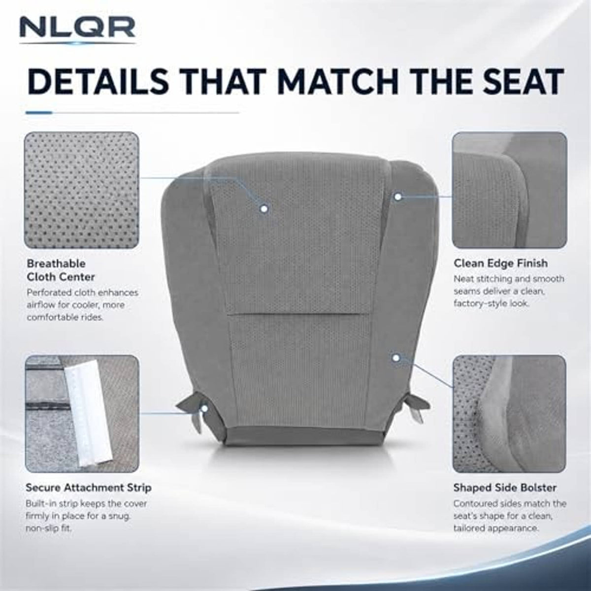 Gray cloth seat cover back side, stitched center insert with attached retention straps