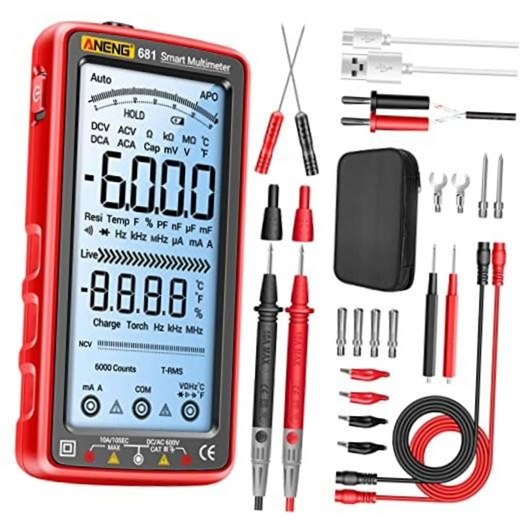 Red digital multimeter tester with backlit display and included accessory kit with probes and leads