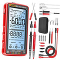 Red digital multimeter tester with backlit display and included accessory kit with probes and leads