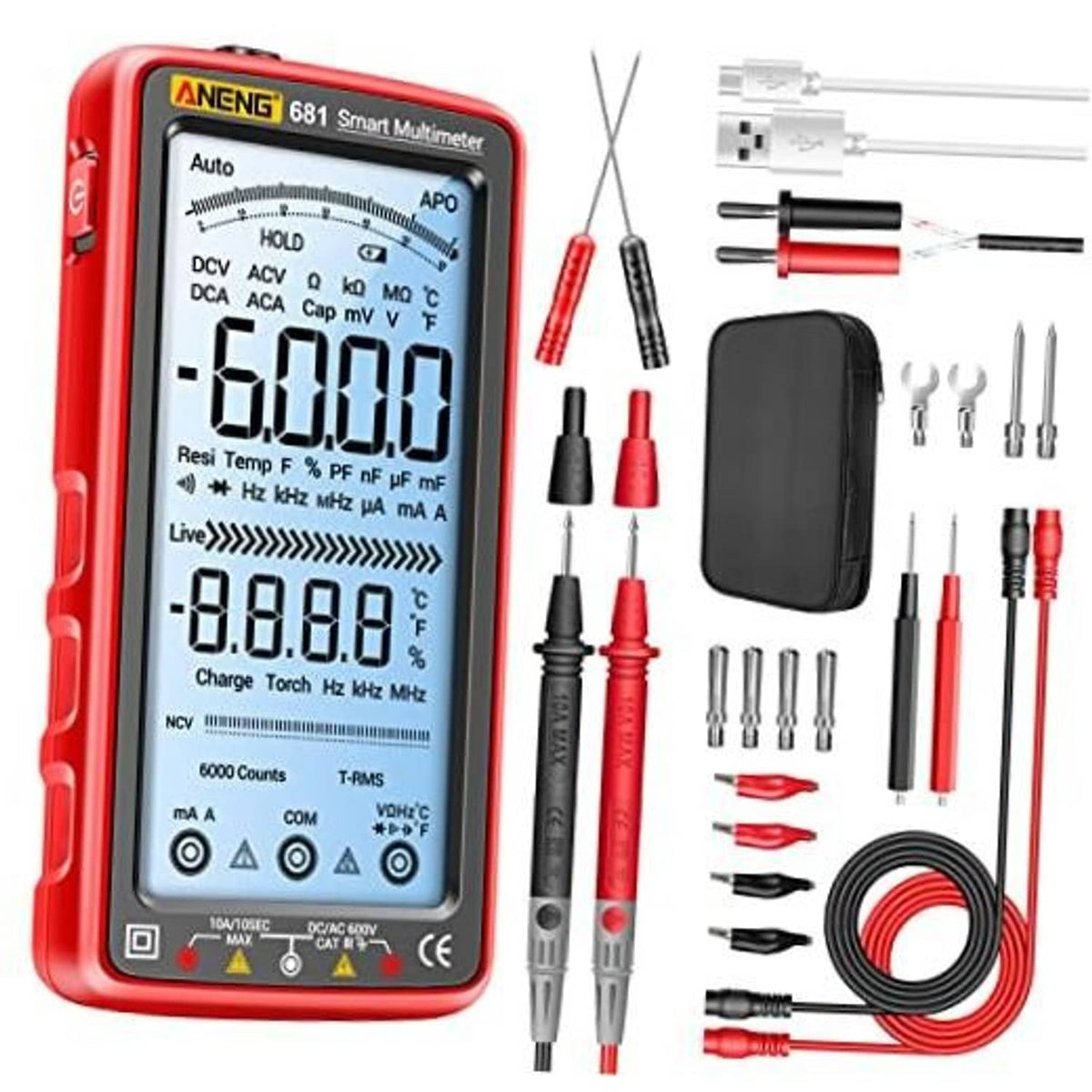 Red digital multimeter tester with backlit display and included accessory kit with probes and leads