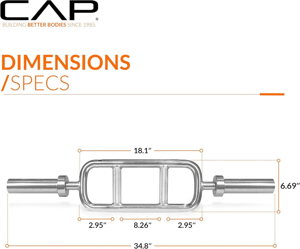 Chrome triceps bar with curved frame and straight knurled grip handles (dimensions view)