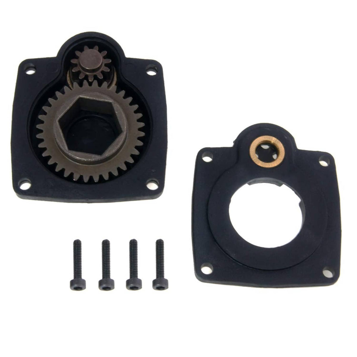 Black square backplate pair with gear cutout, center hole, and mounting screws