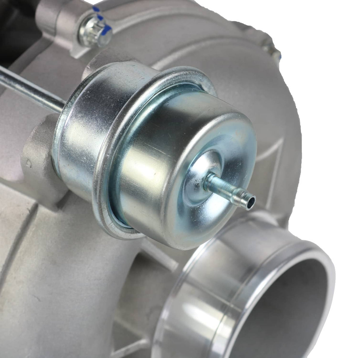 Turbocharger compressor front housing with metal air outlet elbow and fittings
