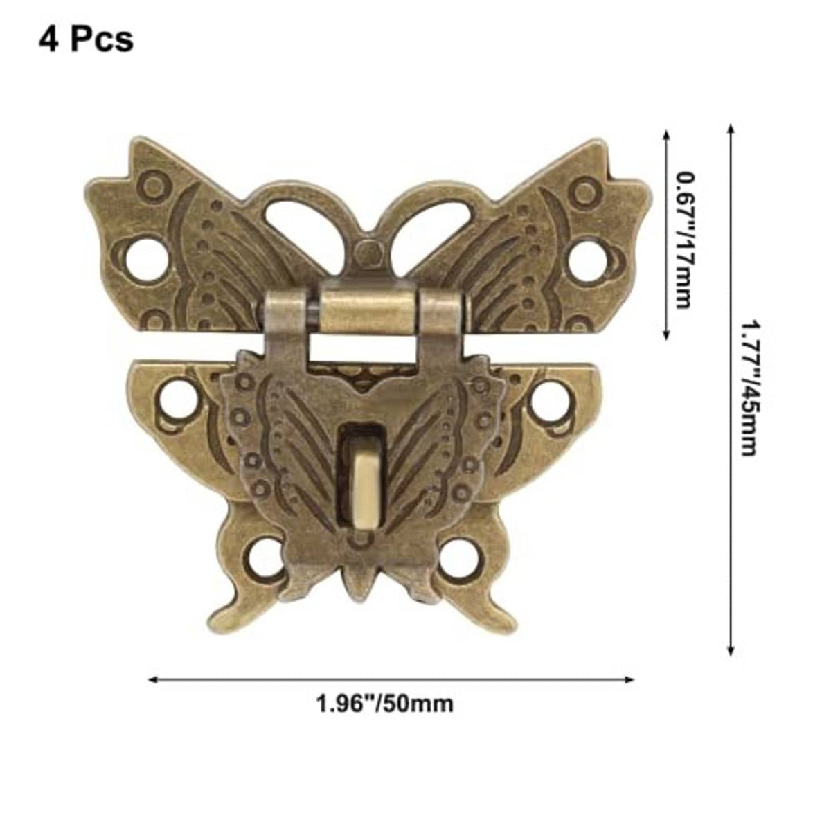 Antique brass butterfly hasp latch, shown with size dimensions (4 pcs)