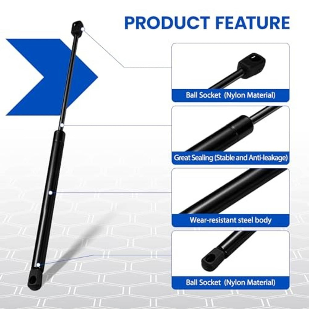 Hood strut feature diagram with nylon ball-socket ends and steel body
