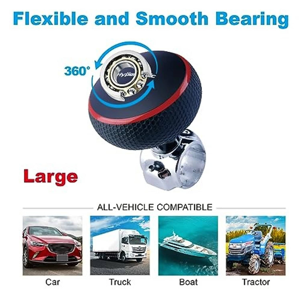 Steering wheel knob spinner with red ring and metal mount, shown for smooth 360 motion