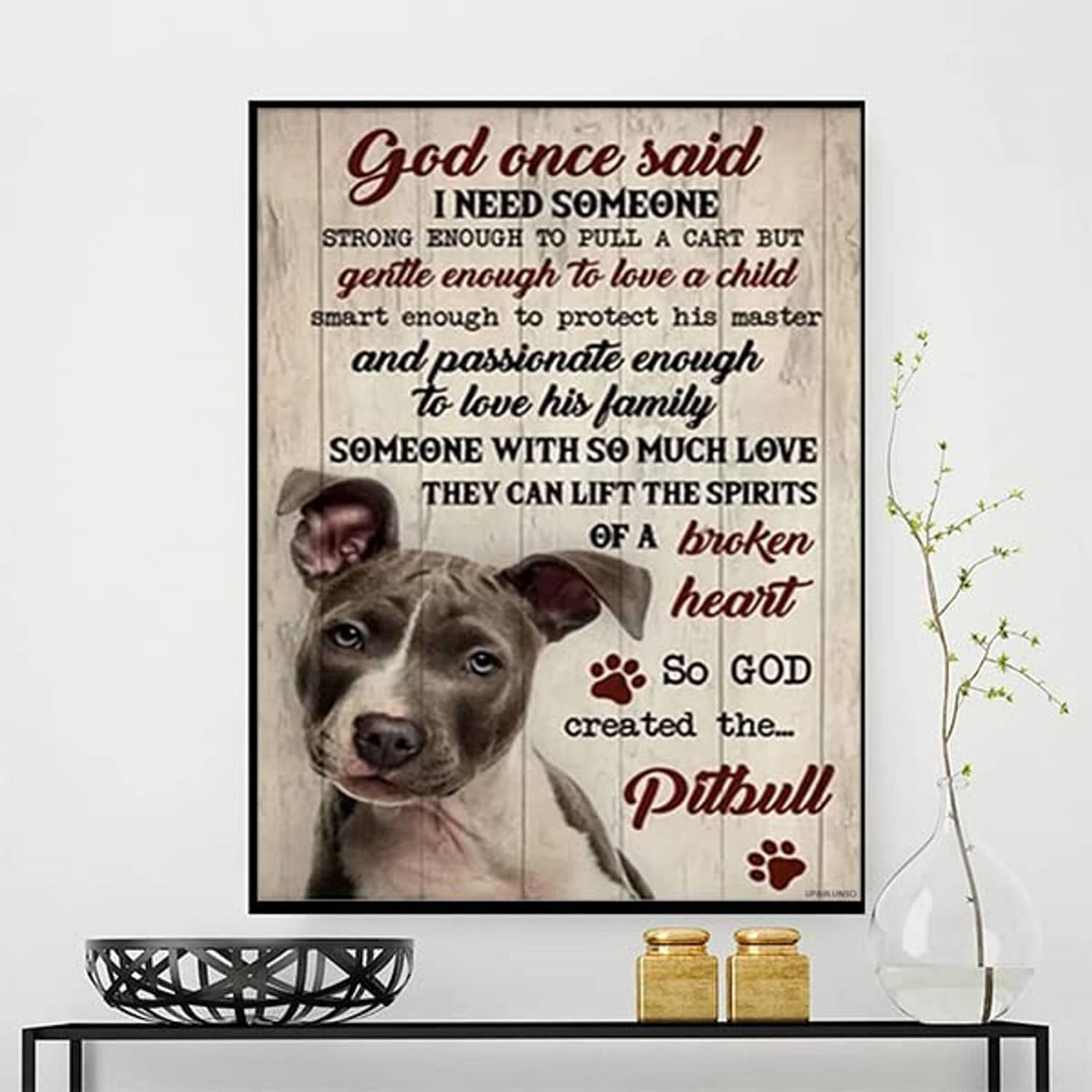 Diamond painting artwork featuring a pitbull dog portrait with paw-print details
