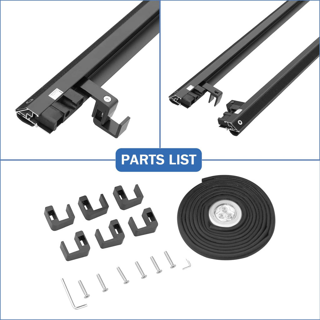 Roll-up truck bed tonneau cover parts set: rails, clips, hook-and-loop tapes, screws