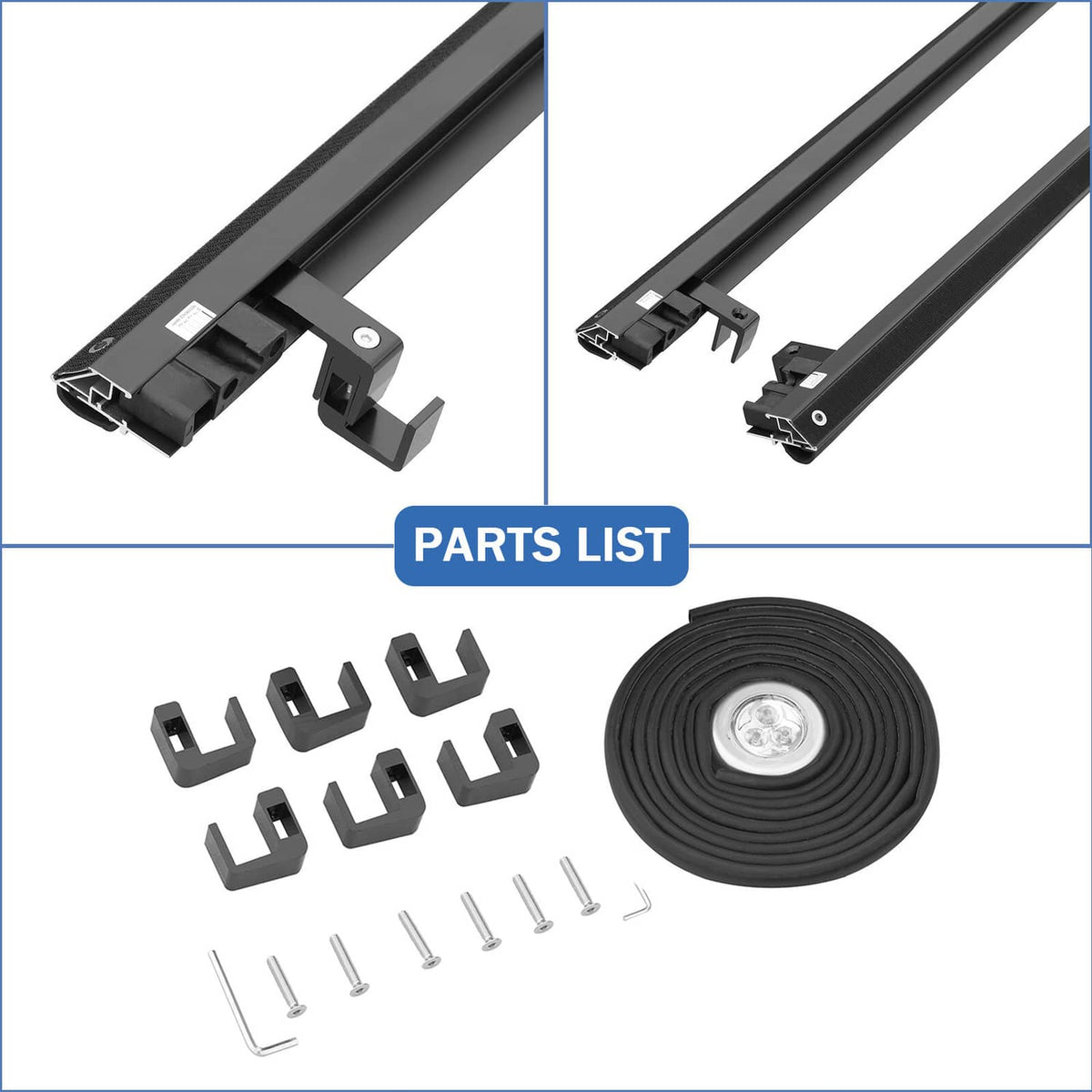 Roll-up truck bed tonneau cover parts set: rails, clips, hook-and-loop tapes, screws