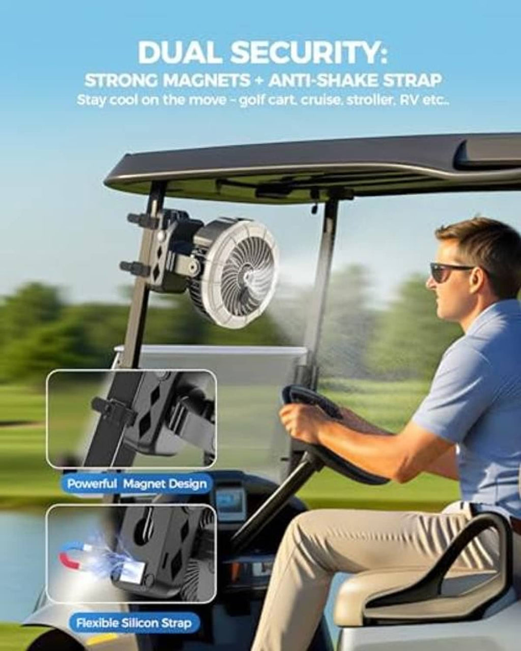 White mist fan with dual security strap and magnetic mount for vehicle use