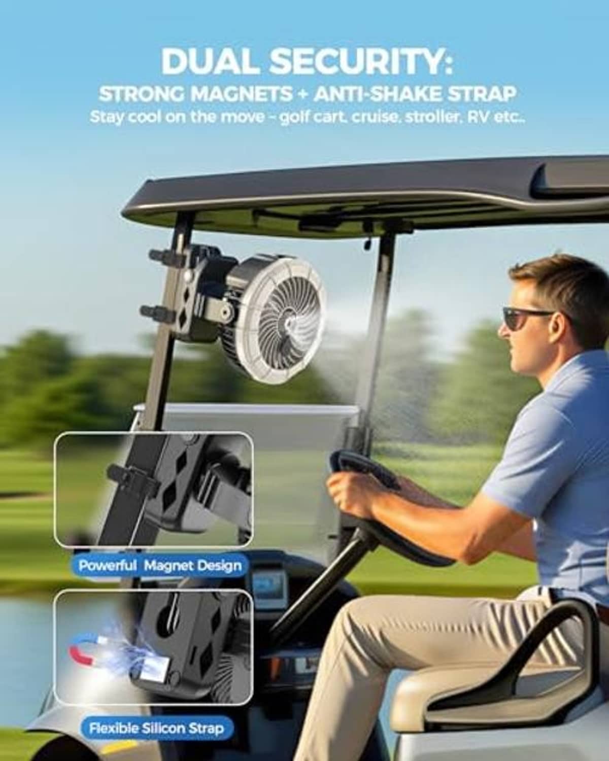 White mist fan with dual security strap and magnetic mount for vehicle use
