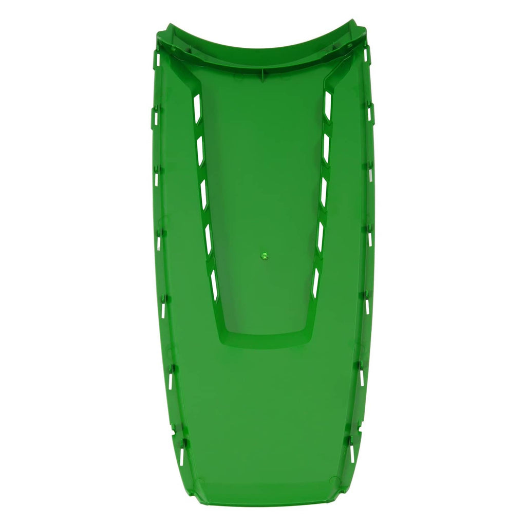 Green tractor hood panel with rear side walls and vertical mounting slots
