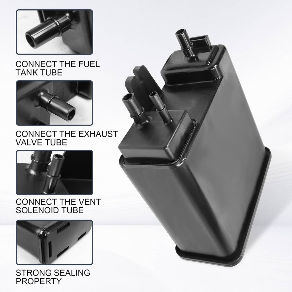 Black vapor canister with connection points for fuel, exhaust, and vent tubes.