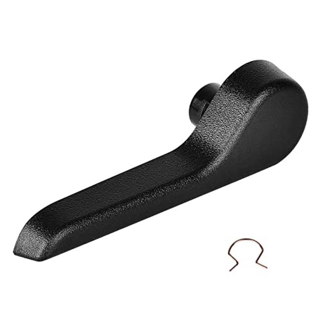 Black seat recliner adjustment handle lever, angled view with textured surface.