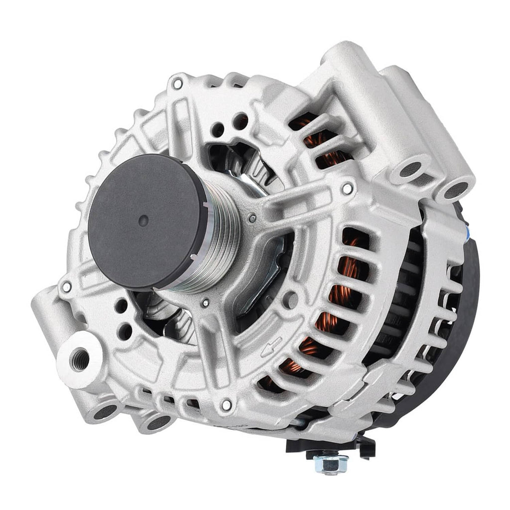 Automotive alternator with silver housing, round end cover, and black pulley