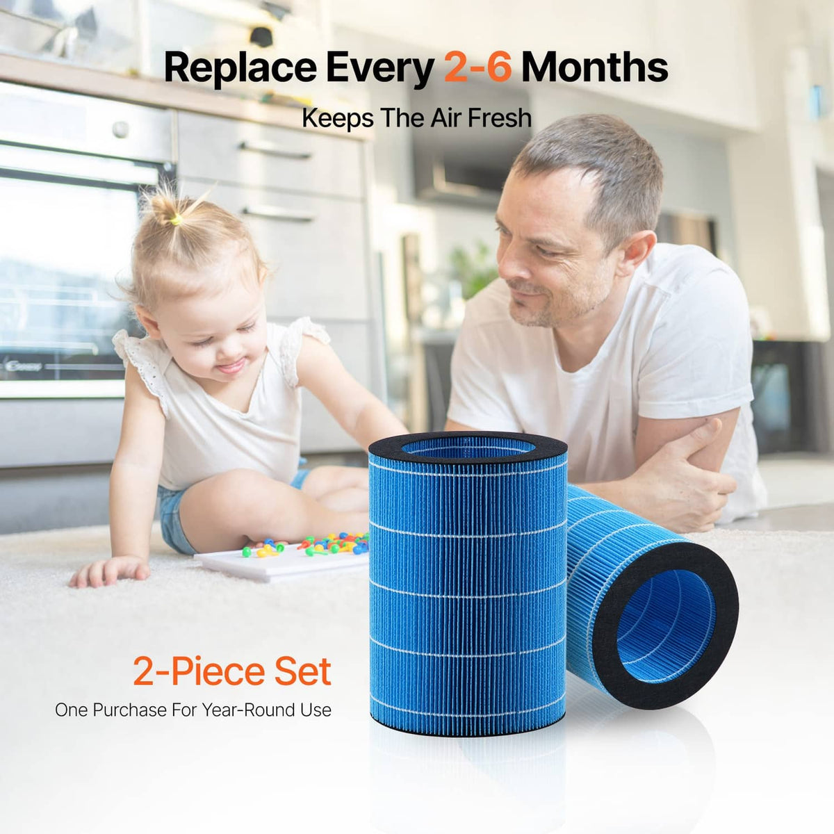 Blue pleated humidifier replacement filter cartridge cylinder, 2-piece set