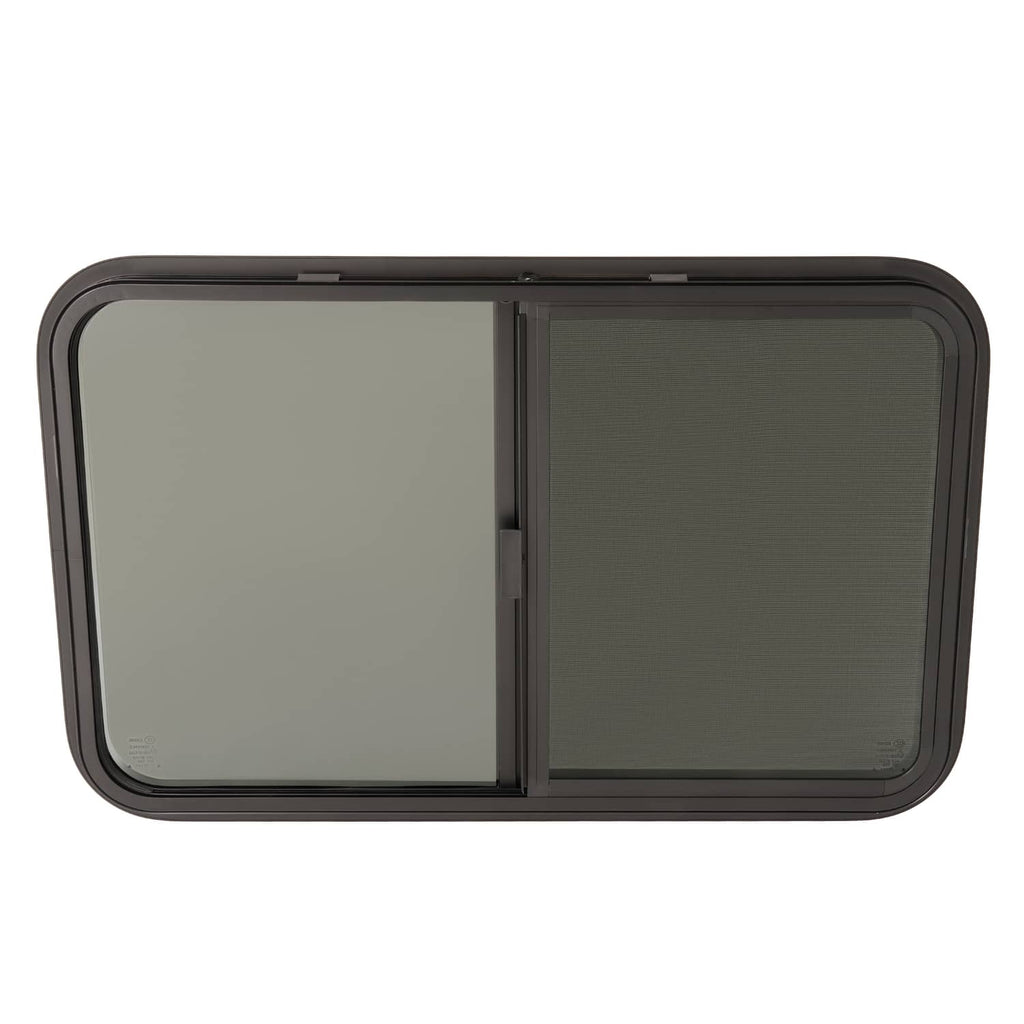 RV horizontal slider window top view with dark frame and two tinted panels
