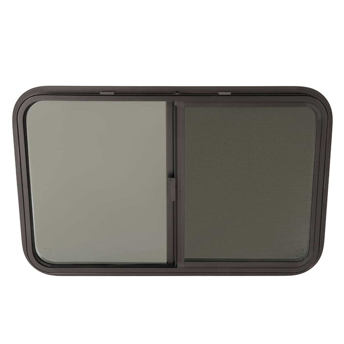 RV horizontal slider window top view with dark frame and two tinted panels
