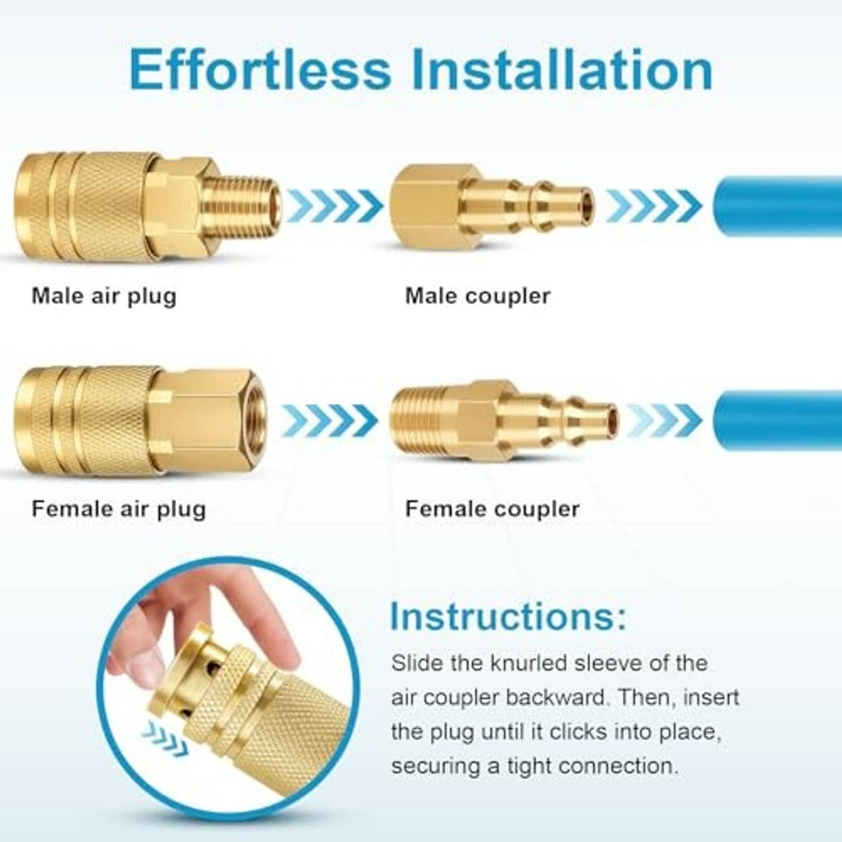 Brass air hose fitting components showing male and female plugs and coupler connections
