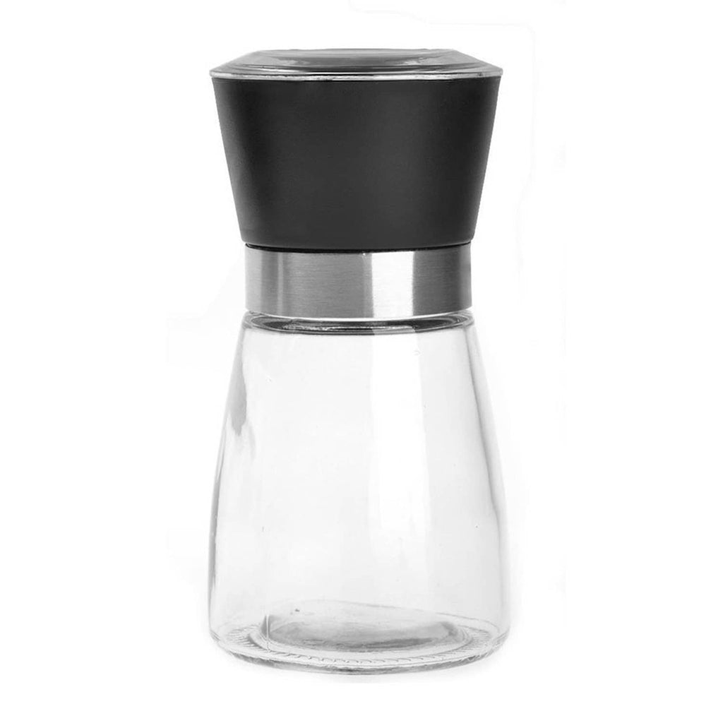 Black manual salt and pepper grinder with clear glass body