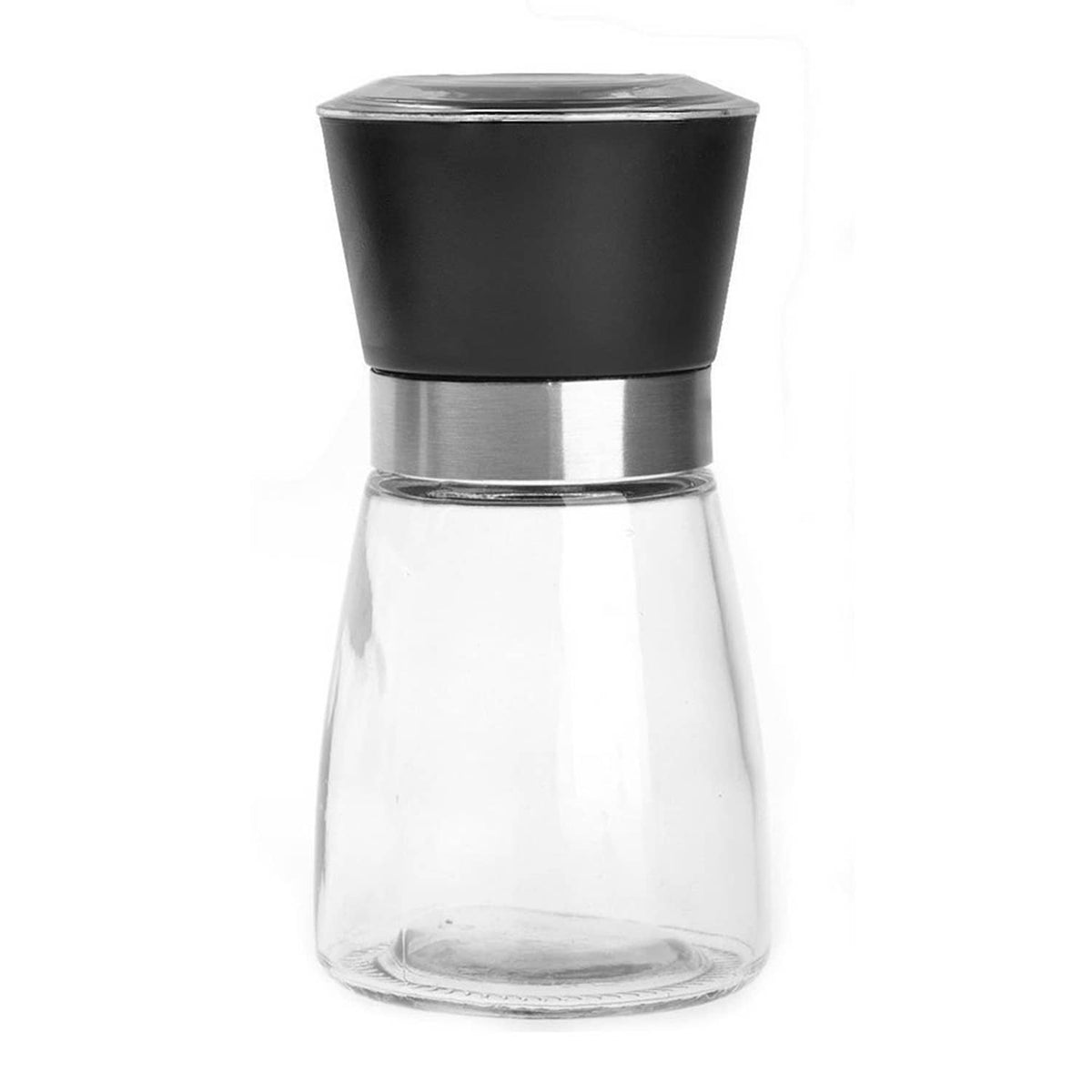 Black manual salt and pepper grinder with clear glass body