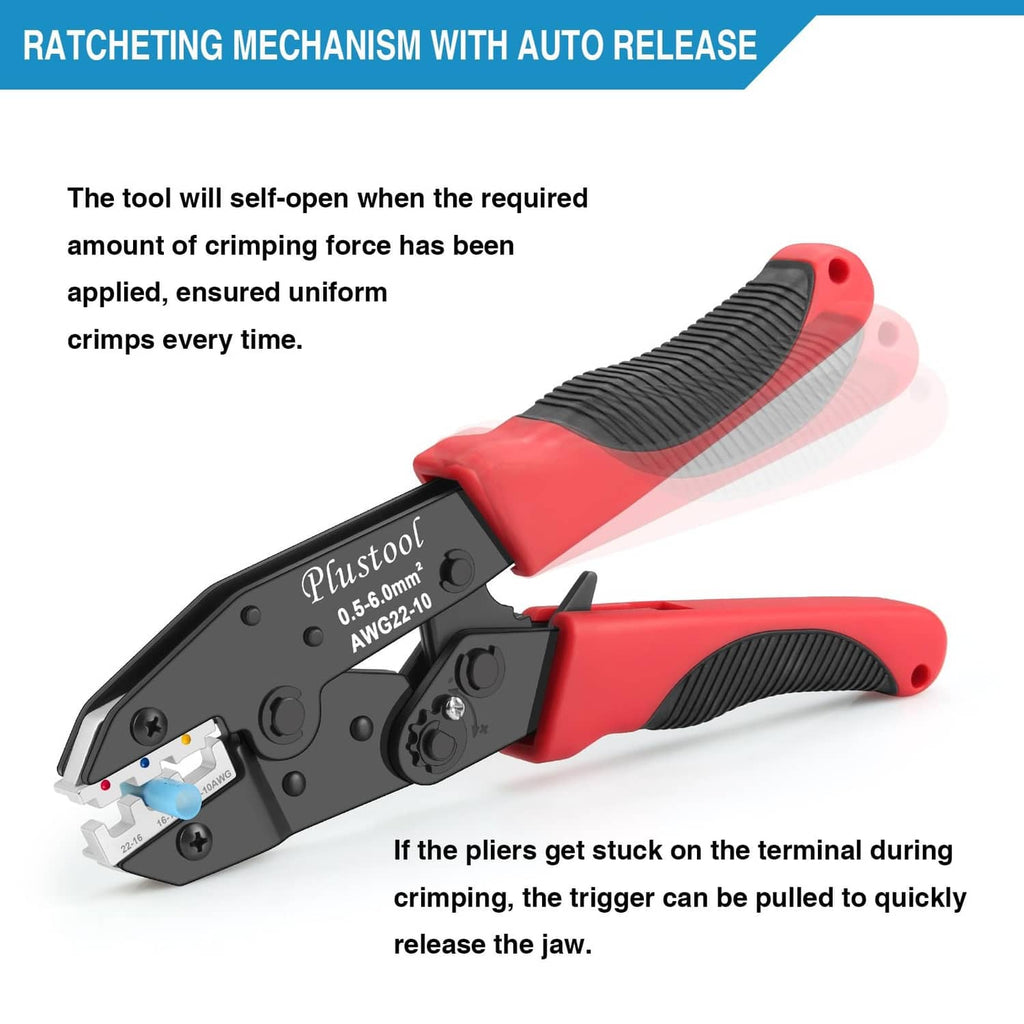 Ratchet wire crimper with red handle and cushioned grips with auto-release trigger
