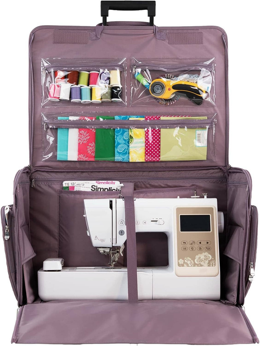 Purple quilted rolling sewing machine case open with organizer pockets and visible sewing supplies