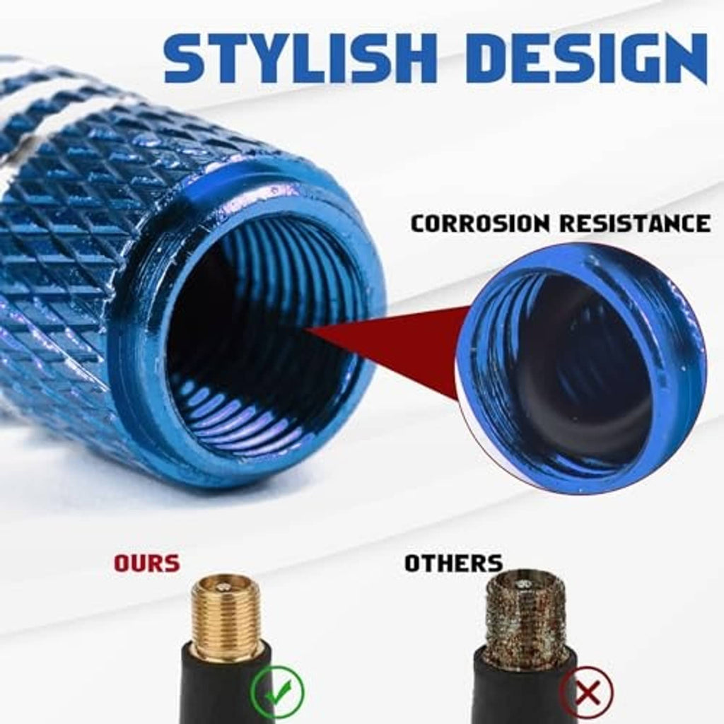 Blue tire valve cap with ridged body and open end, showing internal threads