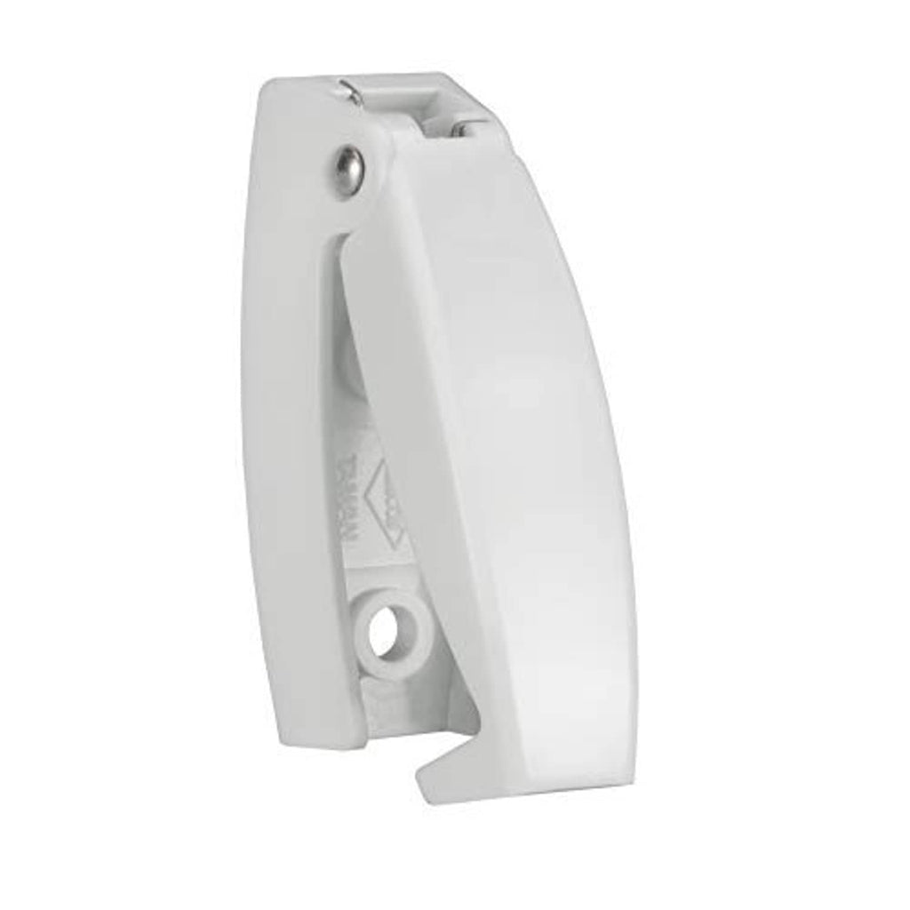 White rounded RV baggage door catch latch clip, front angle with circular pull opening