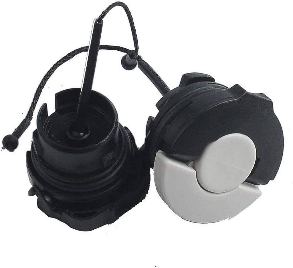 Chainsaw fuel and oil caps with white circular buttons and black housings, joined by cords