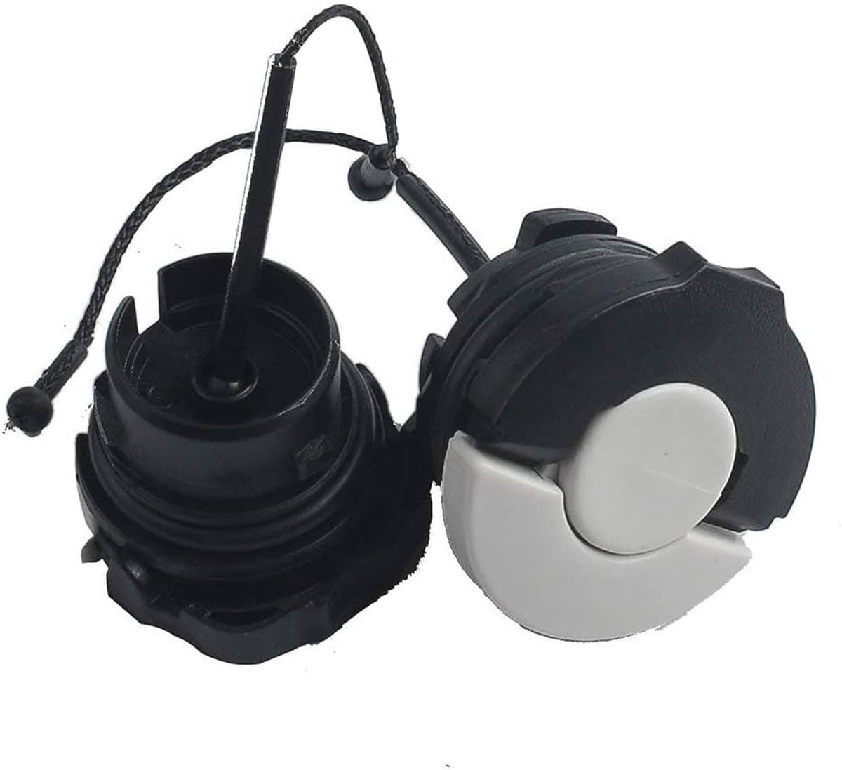 Chainsaw fuel and oil caps with white circular buttons and black housings, joined by cords