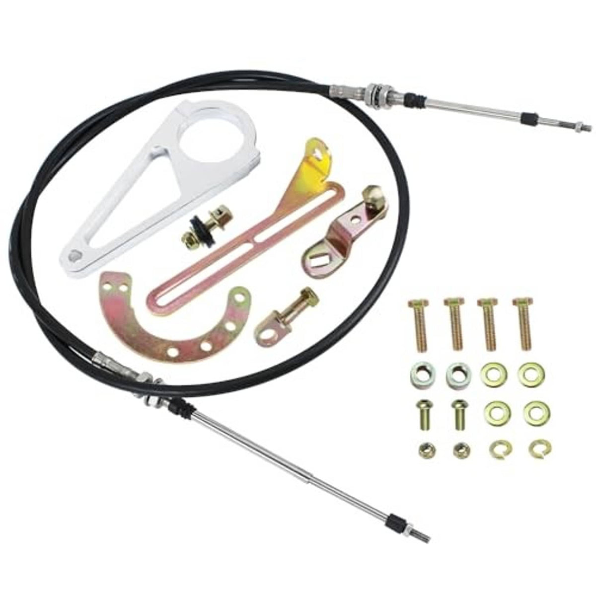 Transmission shift linkage kit with black cable assembly, brackets, and bolt set