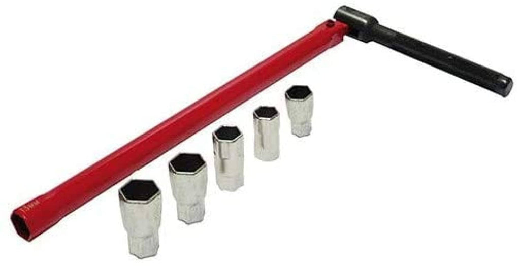 Red socket wrench handle with silver hex sockets and black extension bar