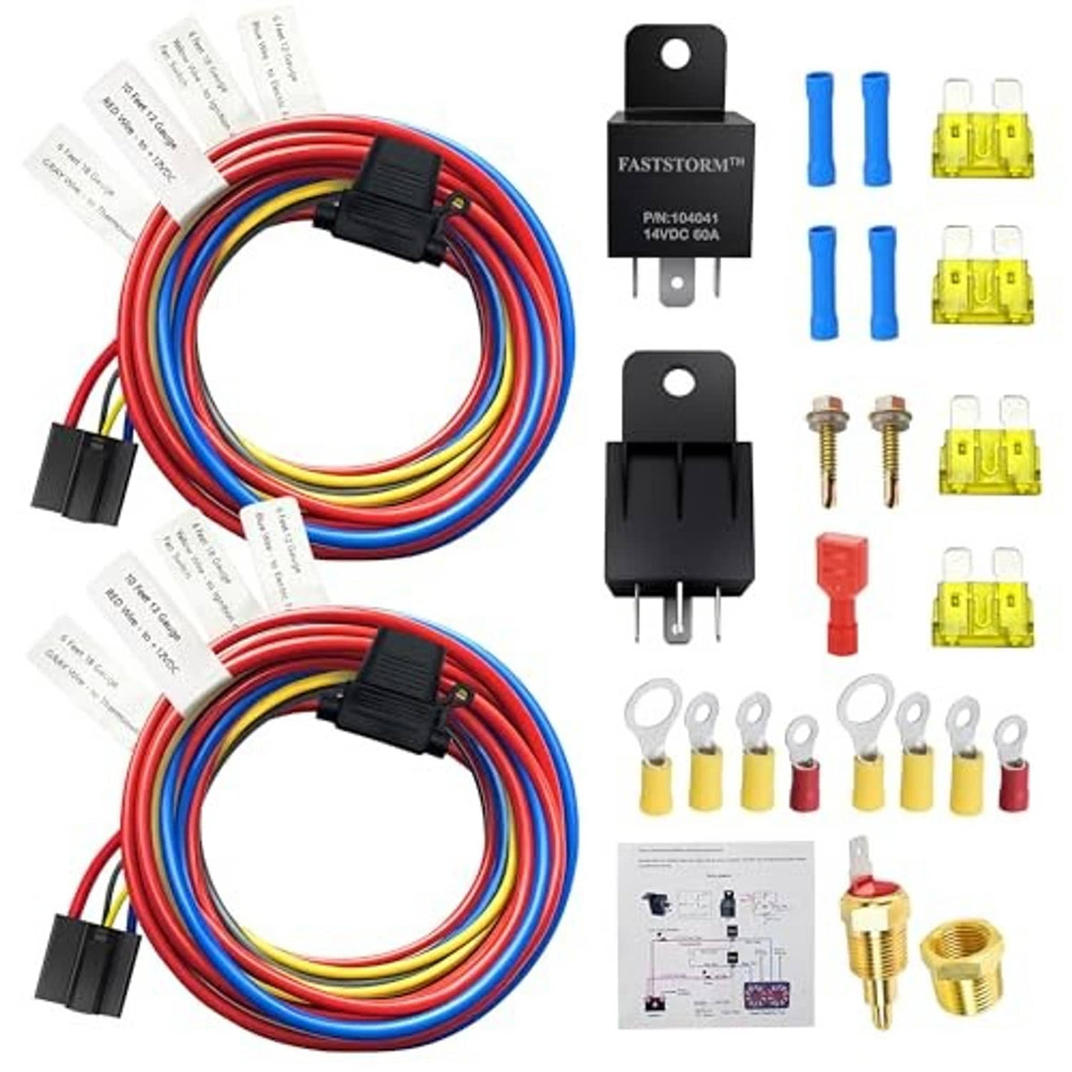 Dual electric fan relay wiring kit set with two harnesses, relays, blade fuses, and connectors