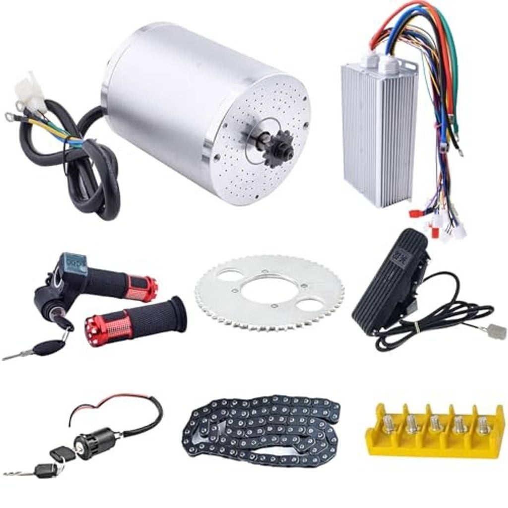 Electric brushless DC motor kit bundle with silver motor, controller, cables, and mounting parts