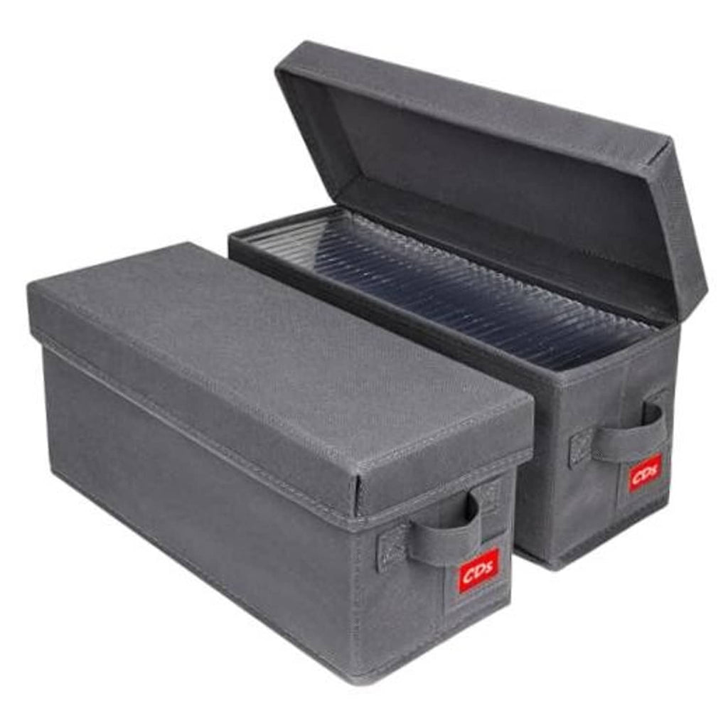 Gray fabric CD storage case with open lid and front latch, 2-pack style