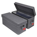 Gray fabric CD storage case with open lid and front latch, 2-pack style