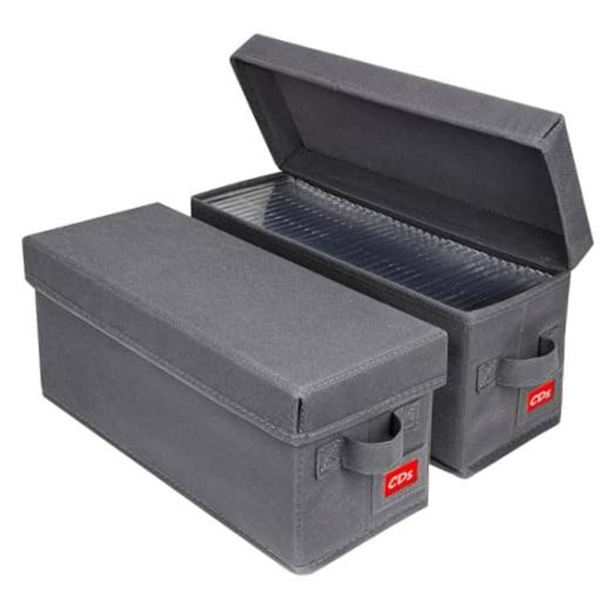 Gray fabric CD storage case with open lid and front latch, 2-pack style