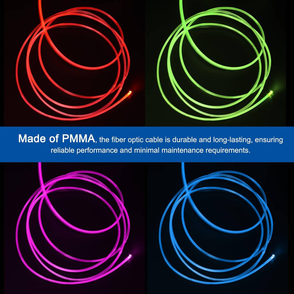 Illuminated PMMA fiber optic cable strands in red, green, purple, and blue