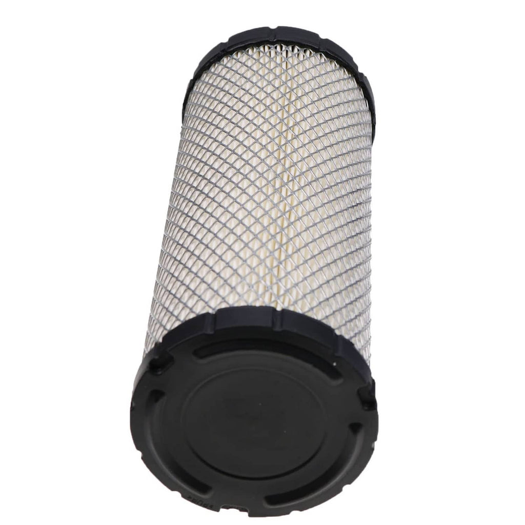 Air filter cartridge end view with black circular cap and white pleated mesh