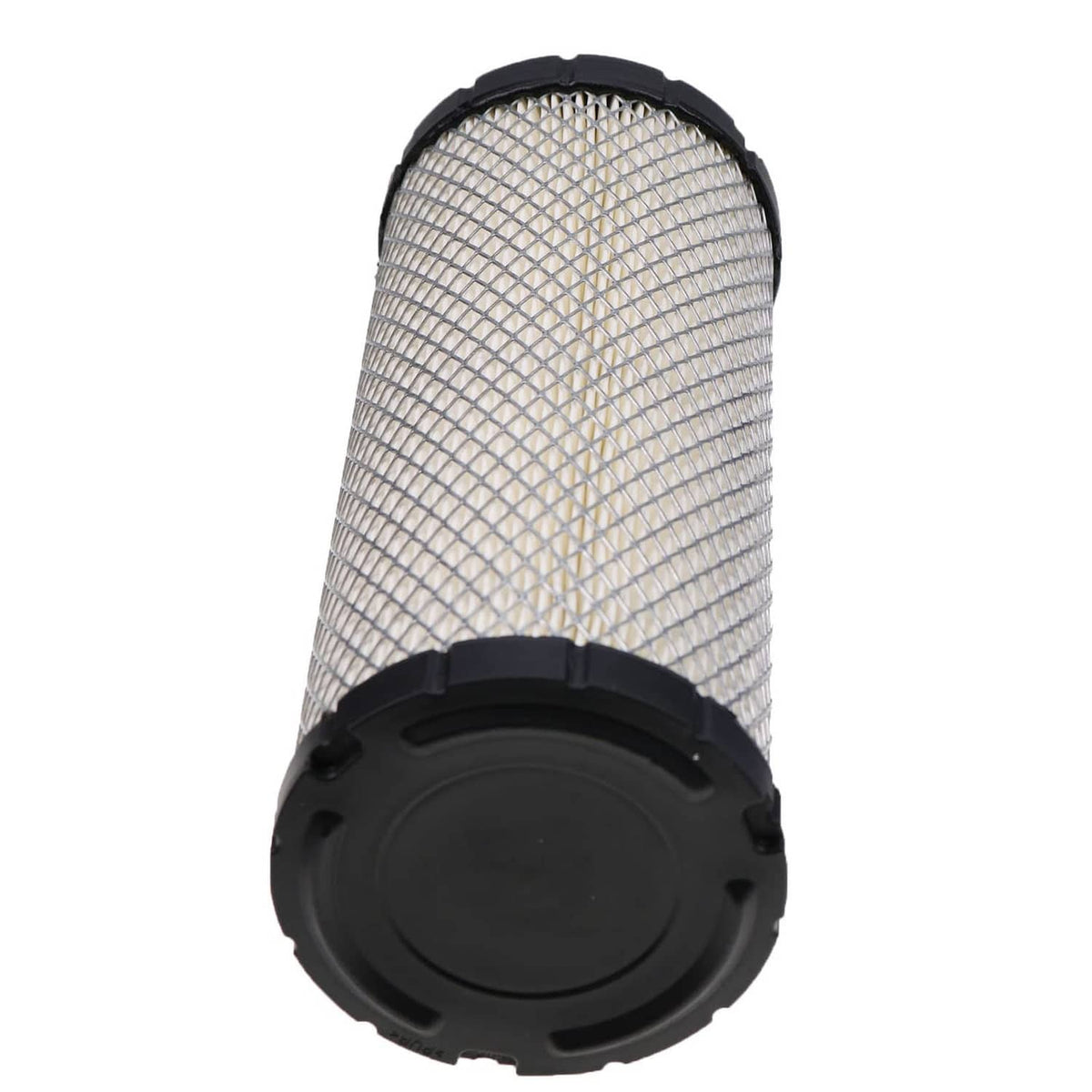 Air filter cartridge end view with black circular cap and white pleated mesh