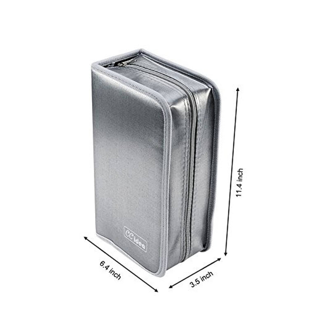 Gray DVD storage case with zipper, front view with size measurements