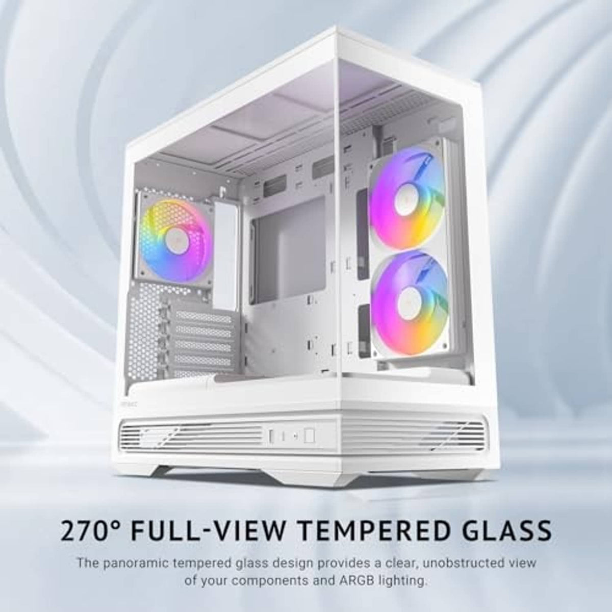 White compact microATX PC case interior with panoramic tempered glass and ARGB side fans