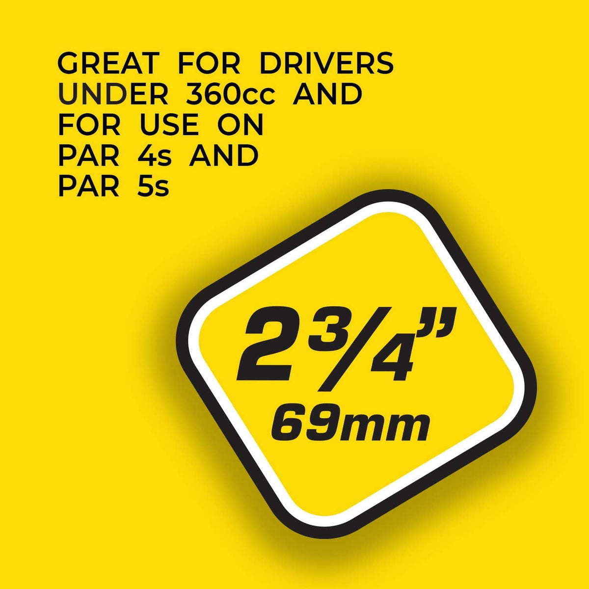 Golf tee size label: 2¾" (69mm), for driving and fairway use.