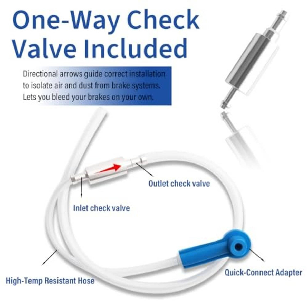 Brake bleeder hose kit with one-way check valve, clear hose, and blue quick-connect adapter