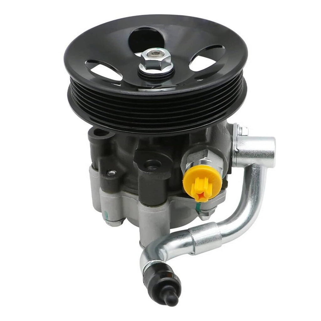 Power steering pump with black pulley, silver fittings, and yellow cap
