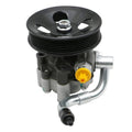 Power steering pump with black pulley, silver fittings, and yellow cap