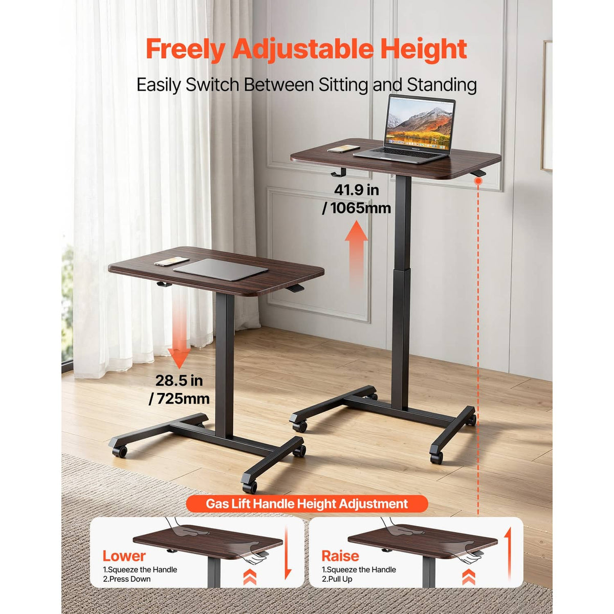 Adjustable standing desk with dark wood top and height range shown on infographic