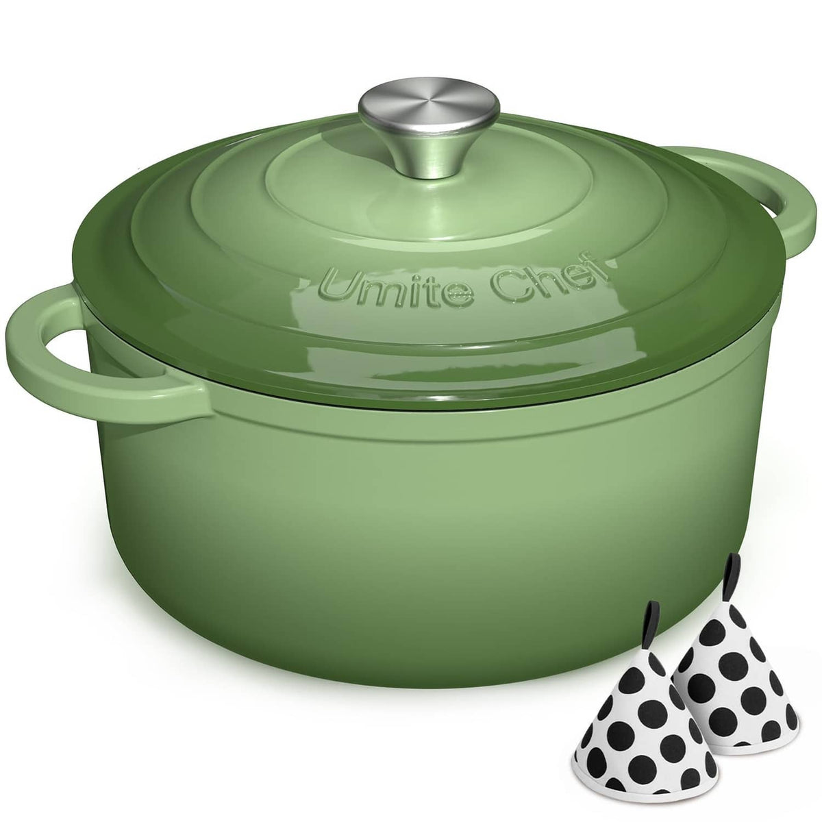 Sage green enameled cast iron Dutch oven with lid and side handles