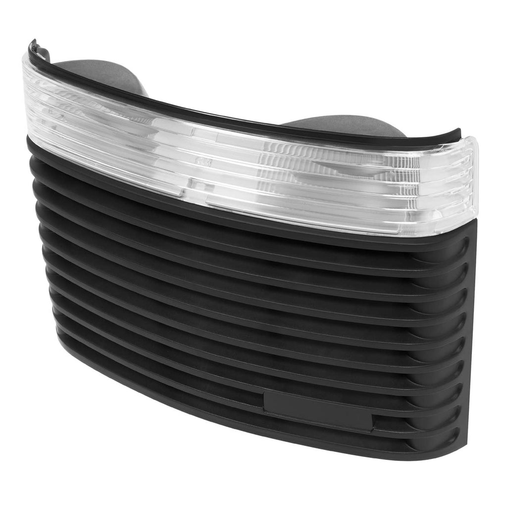 Black front hood grille with clear headlight lens and horizontal slats